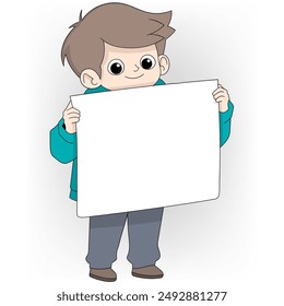 A boy is holding a white sign. Concept of curiosity and exploration
