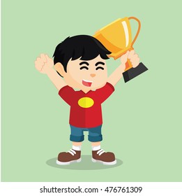 boy holding win trophy illustration design