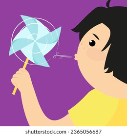 Boy holding a windmill in his hand. Vector illustration in flat style