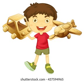 Boy holding wooden toys in both hands illustration