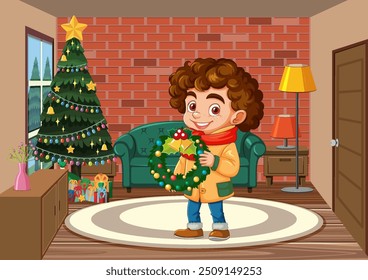 Boy holding wreath in festive living room