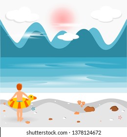 
Boy holding a yellow rubber ring standing on the beach, mountains and sea, bright blue sky, vector illustration