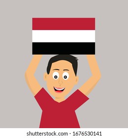 boy is holding yemen flag. vector illustration.