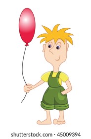 The boy holds a balloon. Isolated on white. Vector illustration.