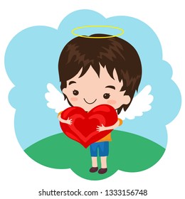The boy holds a big red heart. Vector illustration.