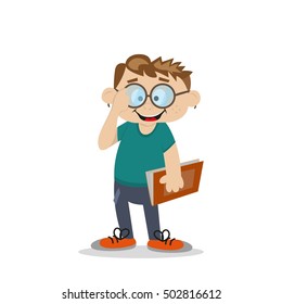 the boy holds the book. corrects glasses hand. vector illustration of cartoon