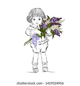 Boy holds bouquet of lilacs. Spring flowers. Child in vintage style from the nineteenth century. Design for greeting card happy birthday, mother's day or international women's day. 