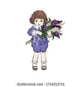 Boy holds bouquet of lilacs. Spring flowers. Child in vintage style from the nineteenth century. Design for greeting card happy birthday, mother's day or international women's day. 