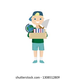 A boy holds a box with personal items