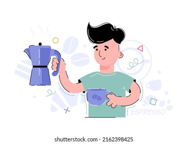 The boy holds a cup and a coffee maker in his hands, a computer. Element for the design of presentations, applications and websites. Trend illustration. Vector illustration