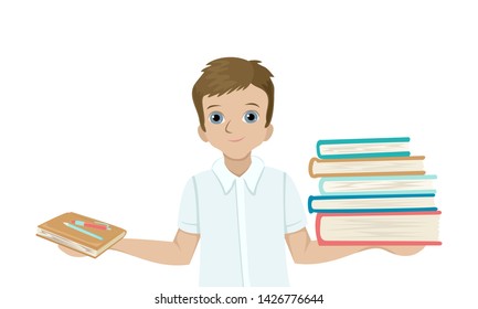 The boy holds different weight textbooks, fast learning, easy knowledge of sciences, homework, vector cartoon style flat illustration