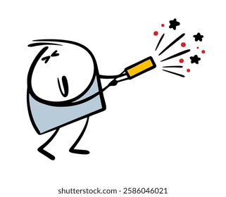 Boy holds a firecracker in his hands. Vector illustration of a merry holiday, new year, stickman shooting fireworks.  Loud bang, good mood. Isolated character on white background.