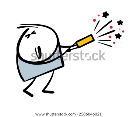Boy holds a firecracker in his hands. Vector illustration of a merry holiday, new year, stickman shooting fireworks.  Loud bang, good mood. Isolated character on white background.