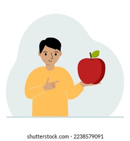 Un niño sostiene una manzana fresca y roja en la mano. El chico come una manzana. Concepto de alimentos saludables. Ilustración plana del vector