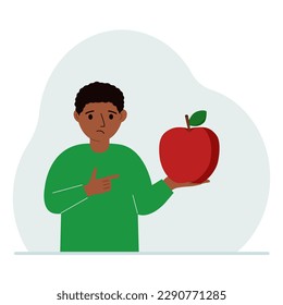 Un niño sostiene una manzana fresca y roja en la mano. El chico come una manzana. Concepto de alimentos saludables. Ilustración plana del vector