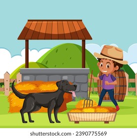 A boy holds a garden fork while a dog stands nearby on a farm landscape