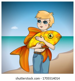 A boy holds a goldfish in his hands