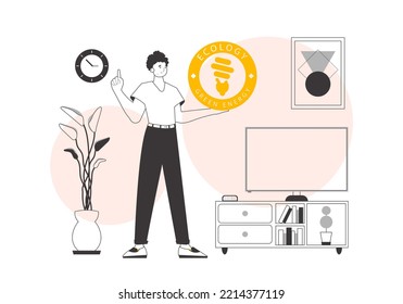 The boy holds the green energy logo in his hand. Linear style.