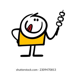 The boy holds in his hand a branch with marshmallows for frying on the fire. Vector illustration of a scout picnic in nature. Isolated image on white background.