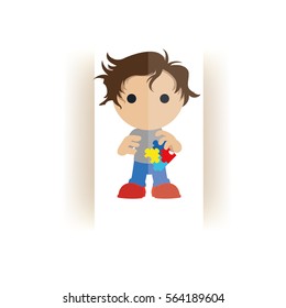 boy holds with his hand four colored puzzle, vector on white background