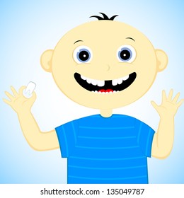 the boy holds in his hands dropped out front tooth