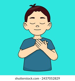 Boy holds his hands together on his chest, expresses gratitude, keeps his eyes closed, makes a grateful gesture