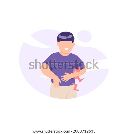 a boy holds his stomach because he feels stomach pain after eating. effects of satiety, eating too much, flatulence. expression of a person in pain. flat style. vector design element