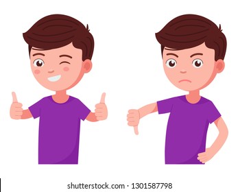 Boy holds his thumb up and down. Child shows his emotions with a finger. Vector illustration isolated on white, flat style.