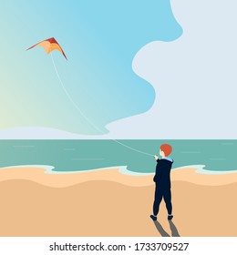 Boy holds a kite on the background of the sea. Vector illustration