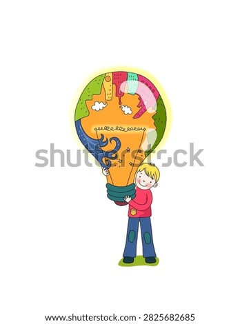 A boy holds a large, glowing lightbulb that contains a colorful cityscape and nature elements.