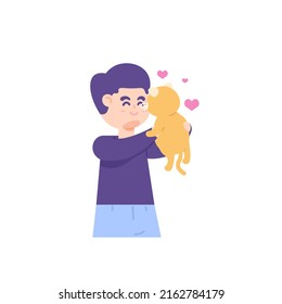 a boy holds and lifts a cat. play with pets. funny, cute, and adorable cat. cat lover. animals and masters. flat cartoon illustrations. vector character design