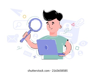 The boy holds a magnifying glass and a laptop computer in his hands. Element for the design of presentations, applications and websites. Trend illustration. Vector illustration