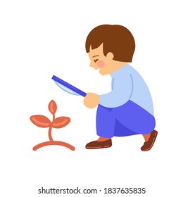 The boy holds a magnifying glass, looks at the sprout. Learning concept. Vector illustration in cartoon style. Isolated on white.