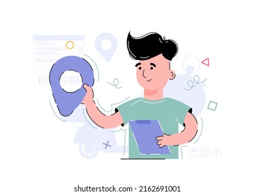 The boy holds navigation, geolocation in his hands. Element for the design of presentations, applications and websites. Trend illustration. Vector illustration