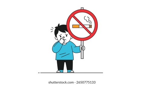 Garoto não segura sinal de fumaça enojado por fumaça de cigarro poluição do ar campanha de conscientização sobre o risco de saúde