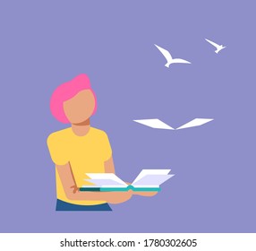 The Boy holds open book in his hand, paper pages became to the flock of birds and fly away. Education or reading metaphor. Isolated on purple. Flat Art Vector Illustration