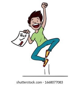 a boy holds up a passed test and jumps with joy. school test, emotions, comic.