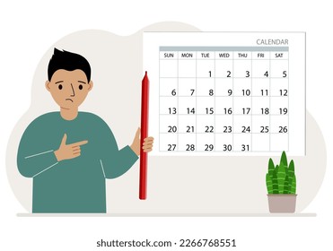 The boy holds a red pencil and stands near a large calendar. Baby vector flat illustration