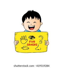 Boy holds a sheet of paper five senses. Hand drawing illustration.