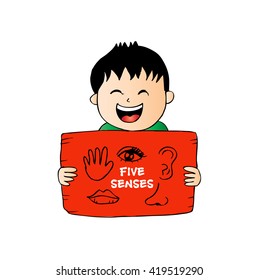 Boy holds a sheet of paper five senses. Hand drawing illustration.