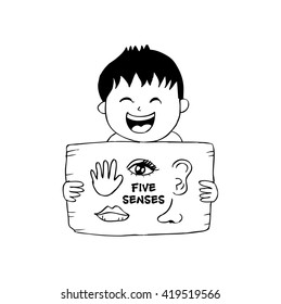 Boy holds a sheet of paper five senses. Hand drawing illustration.