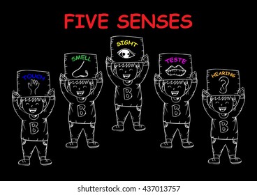 Boy holds a sheet of paper five senses.