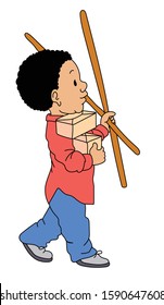 A boy holds a stick and small boxes. A child is playing. A busy child. A child doing his own project