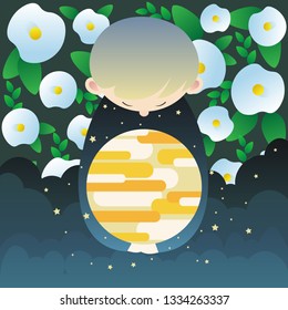 Boy holds the sun in his hands. He stands on the background of white calla lilies and clouds with stars.