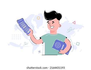 The boy holds a ticket and a passport in his hands. Element for the design of presentations, applications and websites. Trend illustration. Vector illustration