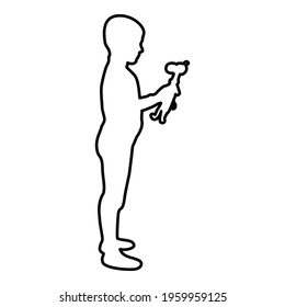 Boy holds toy Child hold giraffe Preschool Brother holding amigurumi Son with gifts Teddy plaything presents friend for children kid contour outline black color vector illustration flat style image