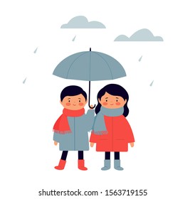 The boy holds an umbrella over the girl. The guy takes care of her friend. Cute funny characters in flat style. Vector illustration.