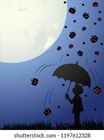 The Boy Holds Umbrella In Pouring Rain On Halloween Night - Vector