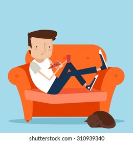 Boy at home resting on couch and eating fast food. Vector illustration