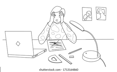 Boy at home in stress doing hard homework or prepare for exam Not knowing answers. schoolboy sitting at desk holding head. Vector illustration line style 